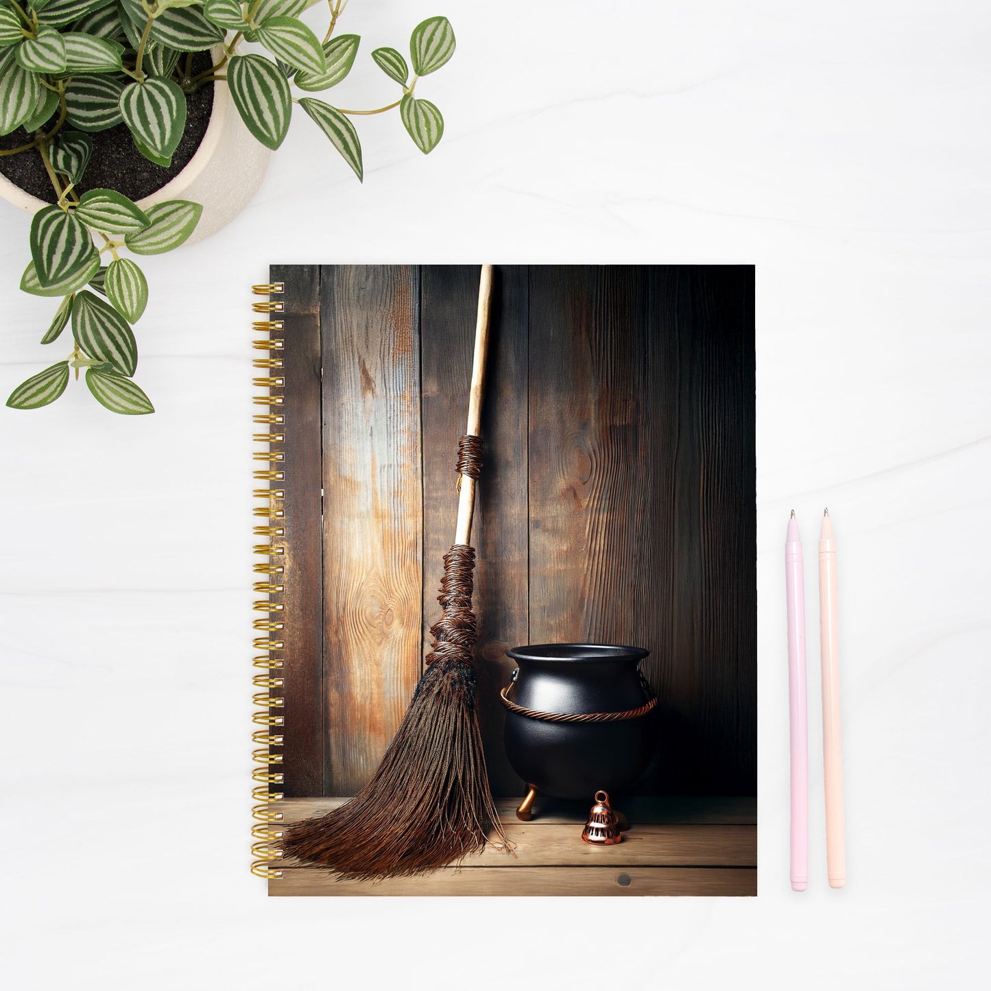 Bell, Broom, Cauldron Notebook Hardcover Spiral 8.5 x 11
