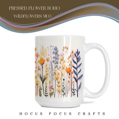 Pressed Flower Boho Wildflowers Mug Deluxe 15 oz. by Sorcery Soap + Hocus Pocus Craft
