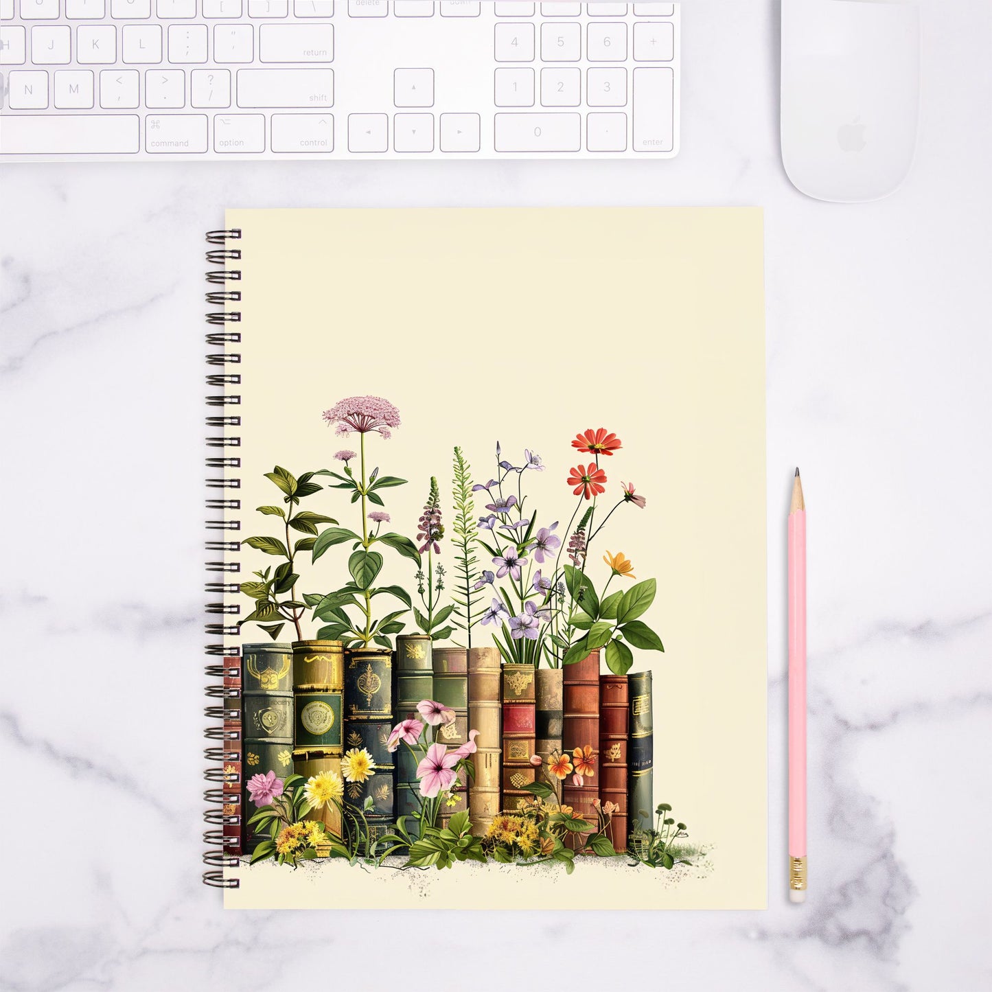 Books and Flowers Notebook Hardcover Spiral 8.5 x 11