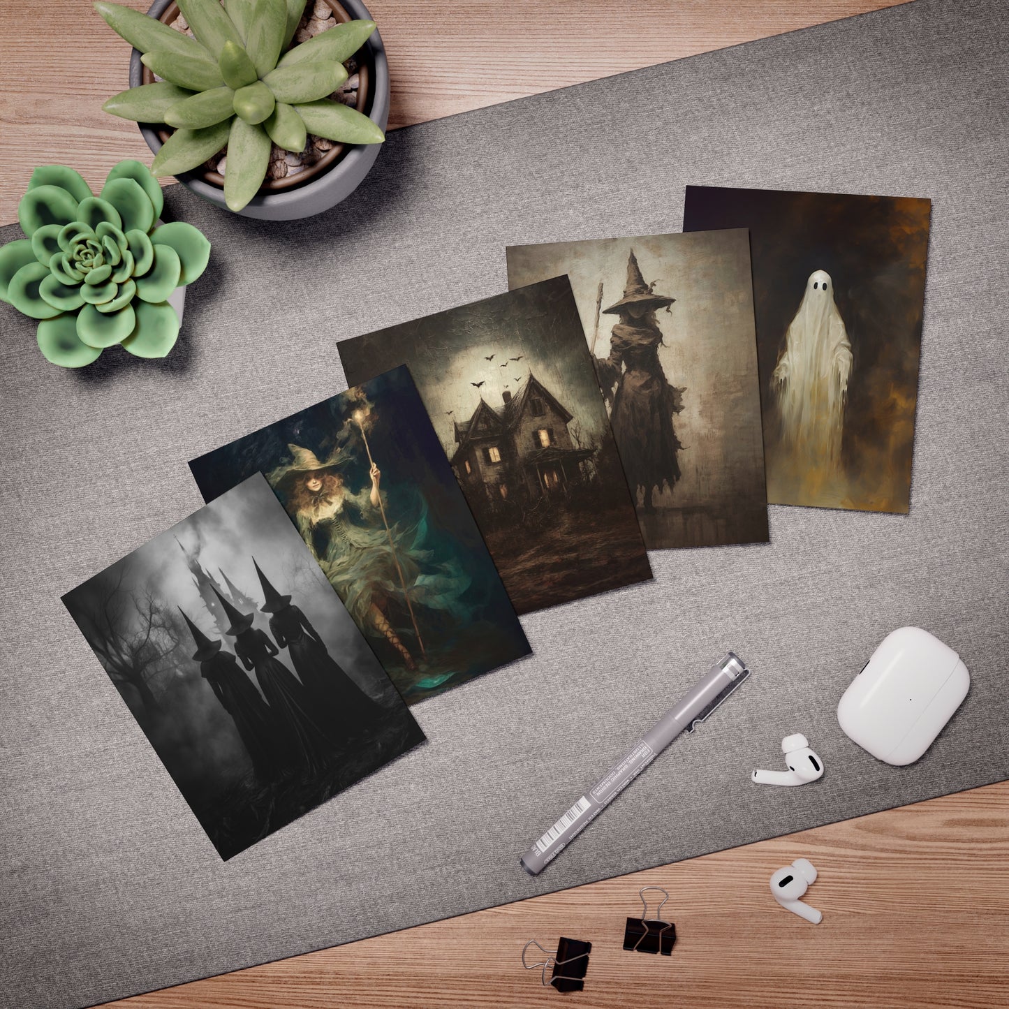 Collection of Witches, a haunted house and one Ghost Greeting Cards (5-Pack)