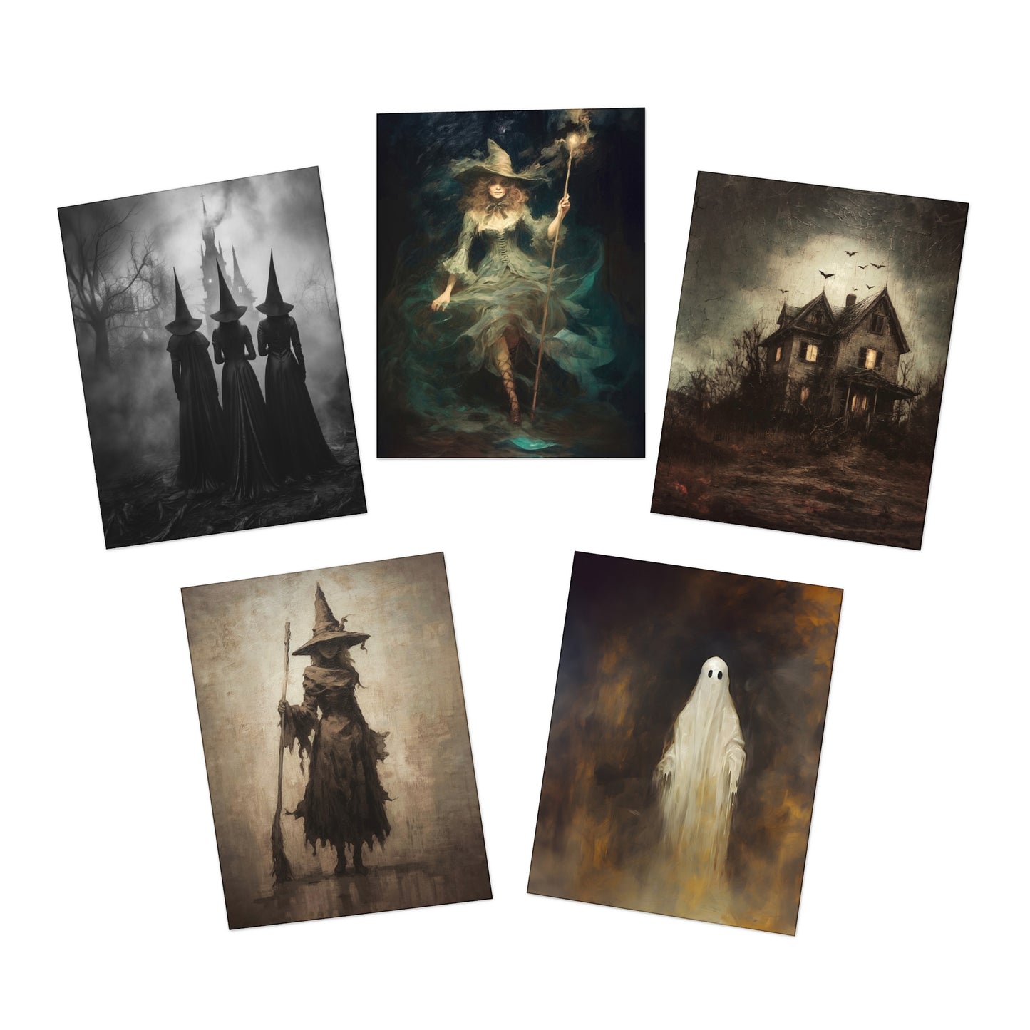 Collection of Witches, a haunted house and one Ghost Greeting Cards (5-Pack)