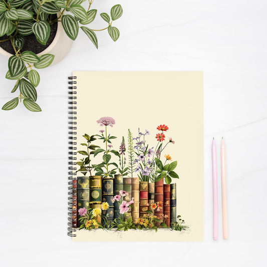 Books and Flowers Notebook Hardcover Spiral 8.5 x 11