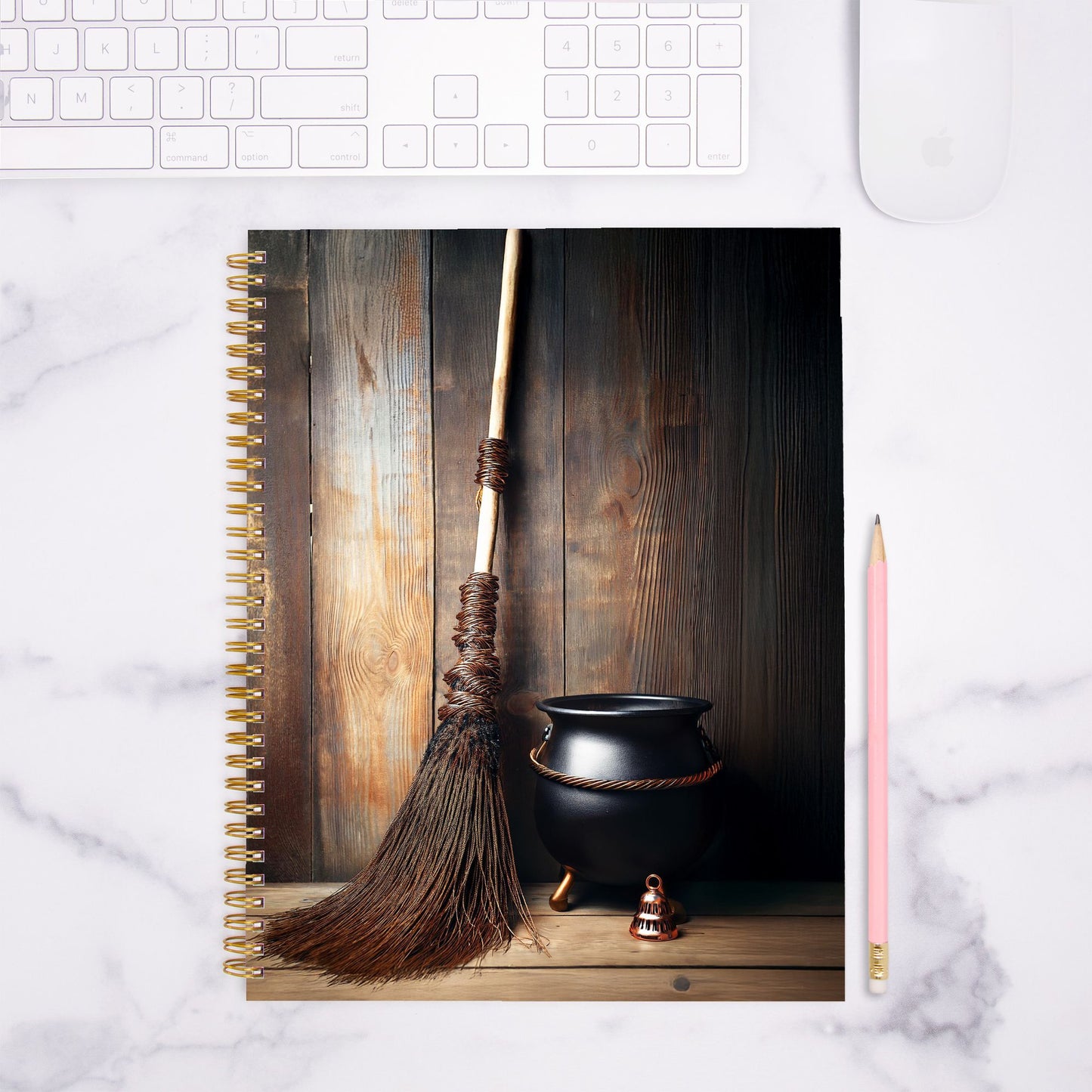 Bell, Broom, Cauldron Notebook Hardcover Spiral 8.5 x 11
