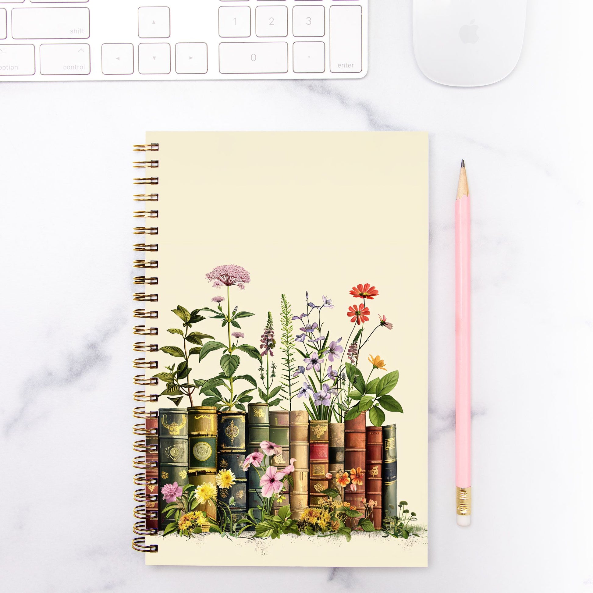 Books and Flowers Notebook Hardcover Spiral 5.5 x 8.5