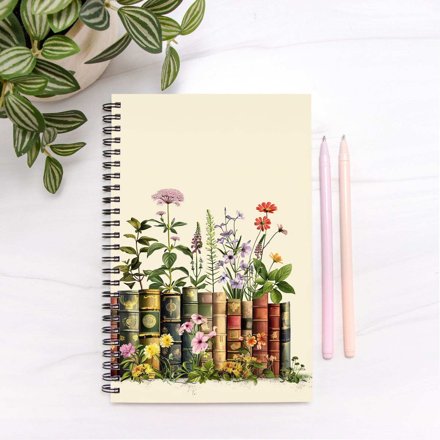 Books and Flowers Notebook Hardcover Spiral 5.5 x 8.5