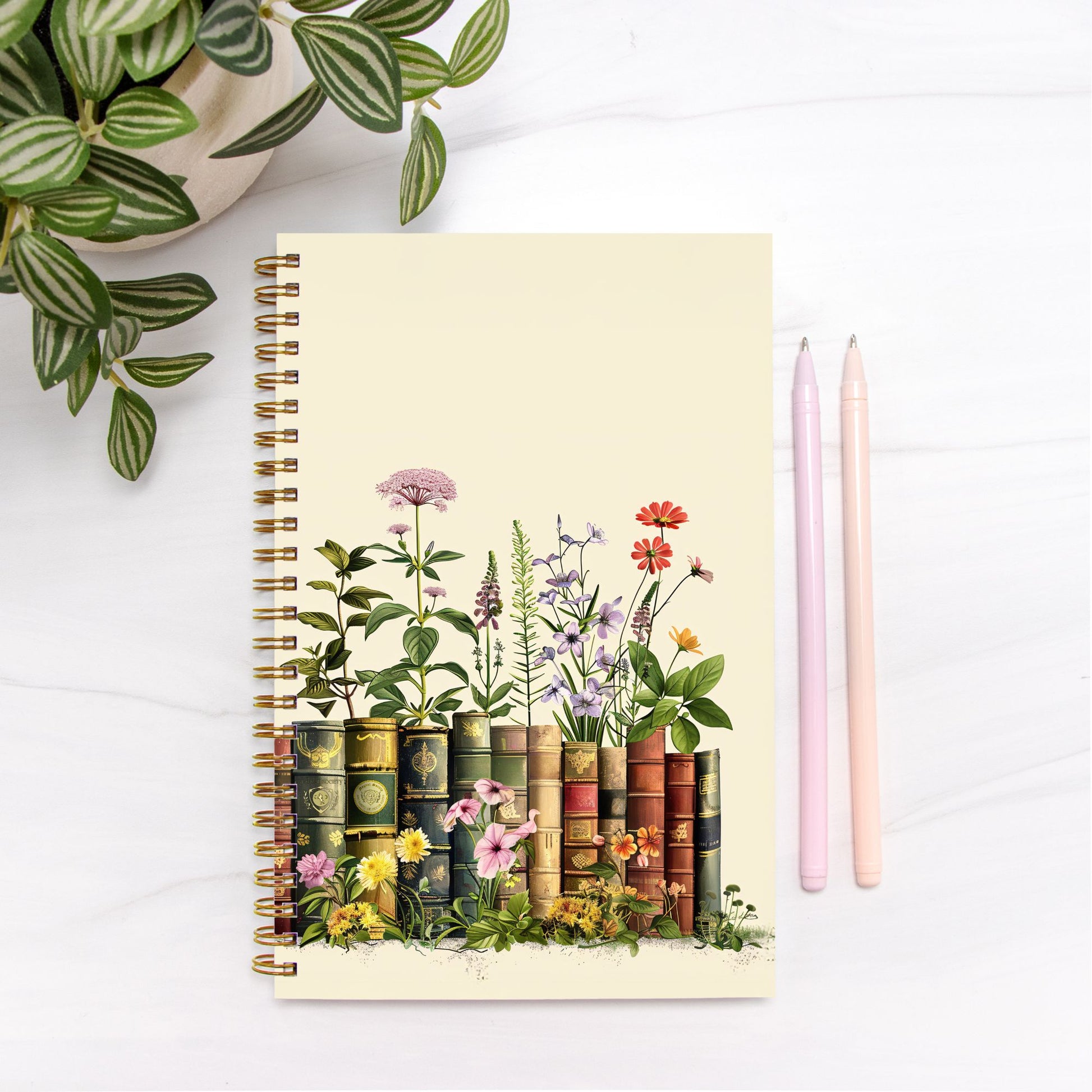 Books and Flowers Notebook Hardcover Spiral 5.5 x 8.5