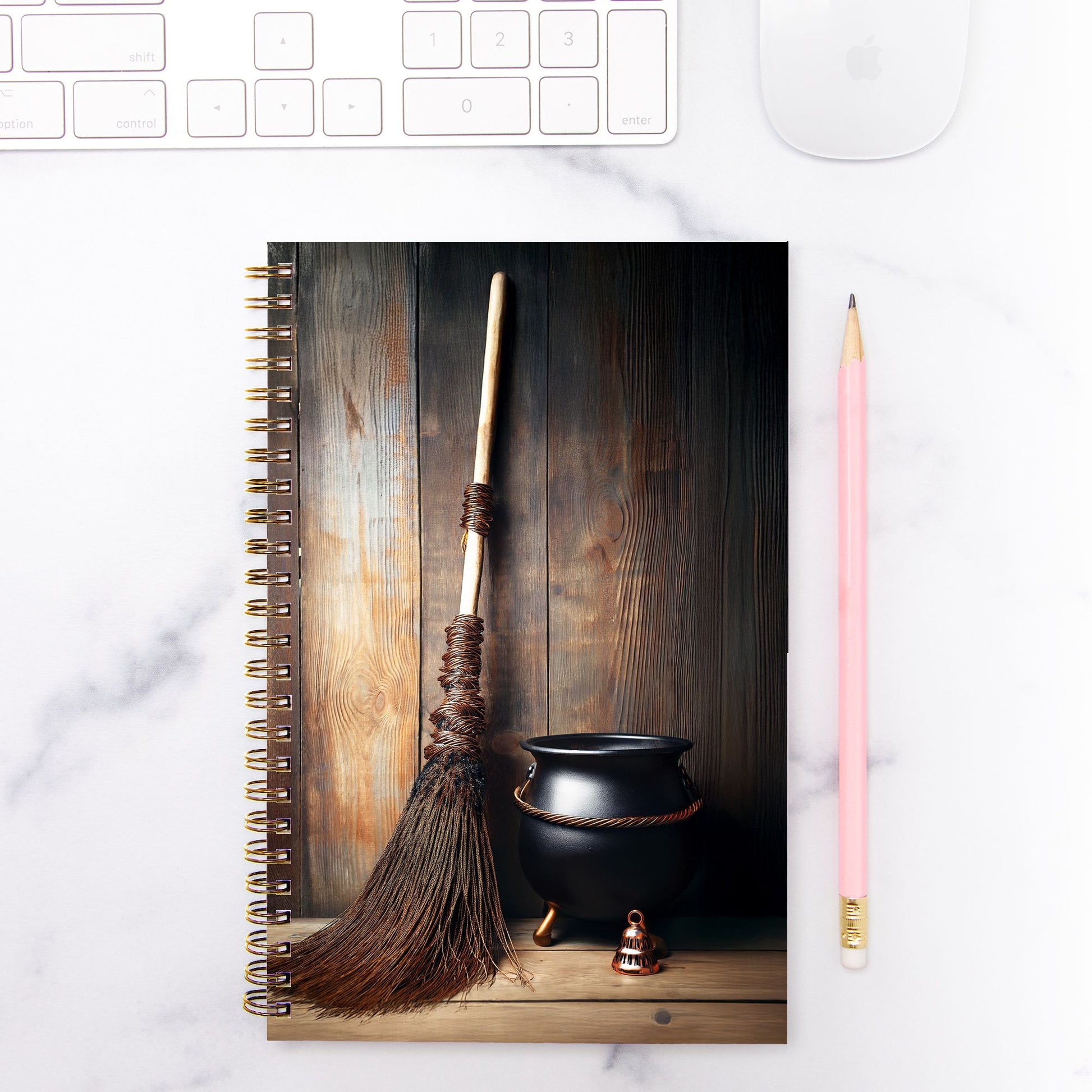 Bell, Broom, Cauldron Notebook Hardcover Spiral 5.5 x 8.5