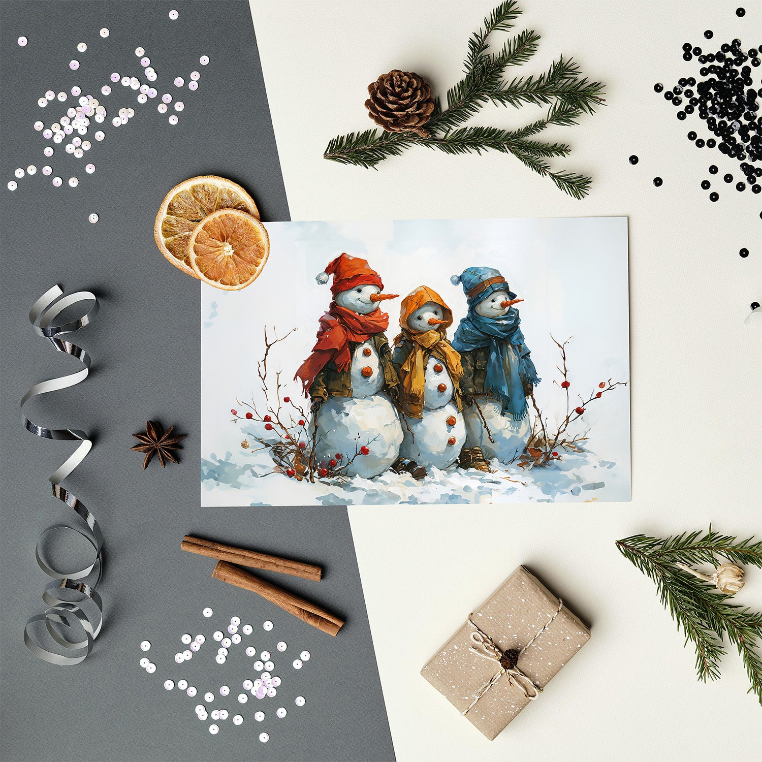 Three Snowmen Christmas Flat Card A7 (QTY 10)