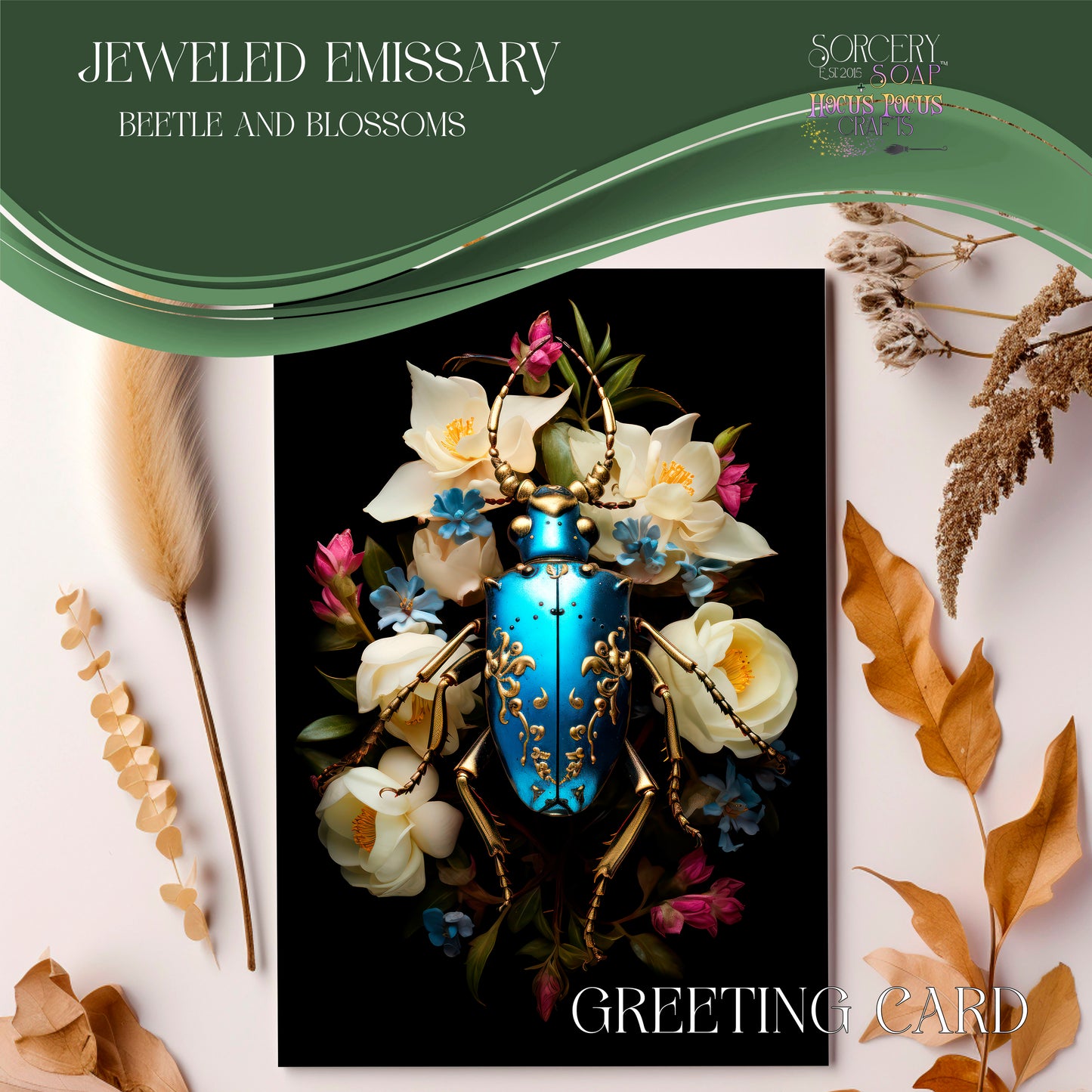 Jeweled Emissary: Beetle and Blooms Greeting Card
