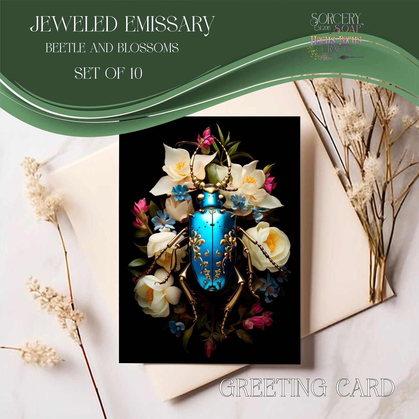 Jeweled Emissary: Beetle and Blooms Greeting Card