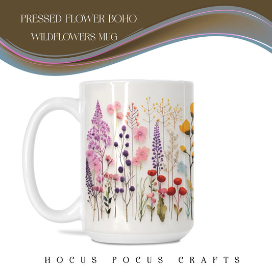 Pressed Flower Boho Wildflowers Mug Deluxe 15 oz. by Sorcery Soap + Hocus Pocus Craft