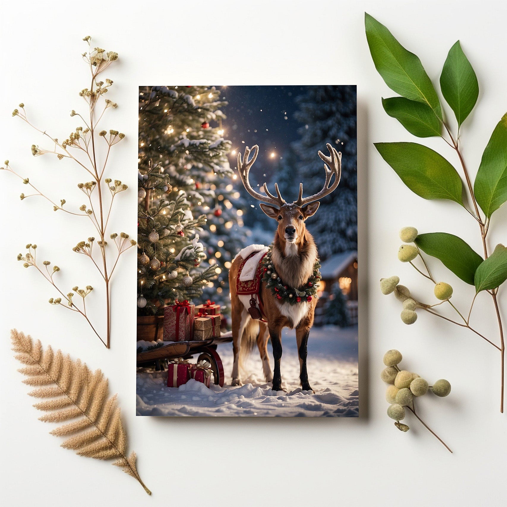 Reindeer Gift Folded Card A2 (QTY 10)