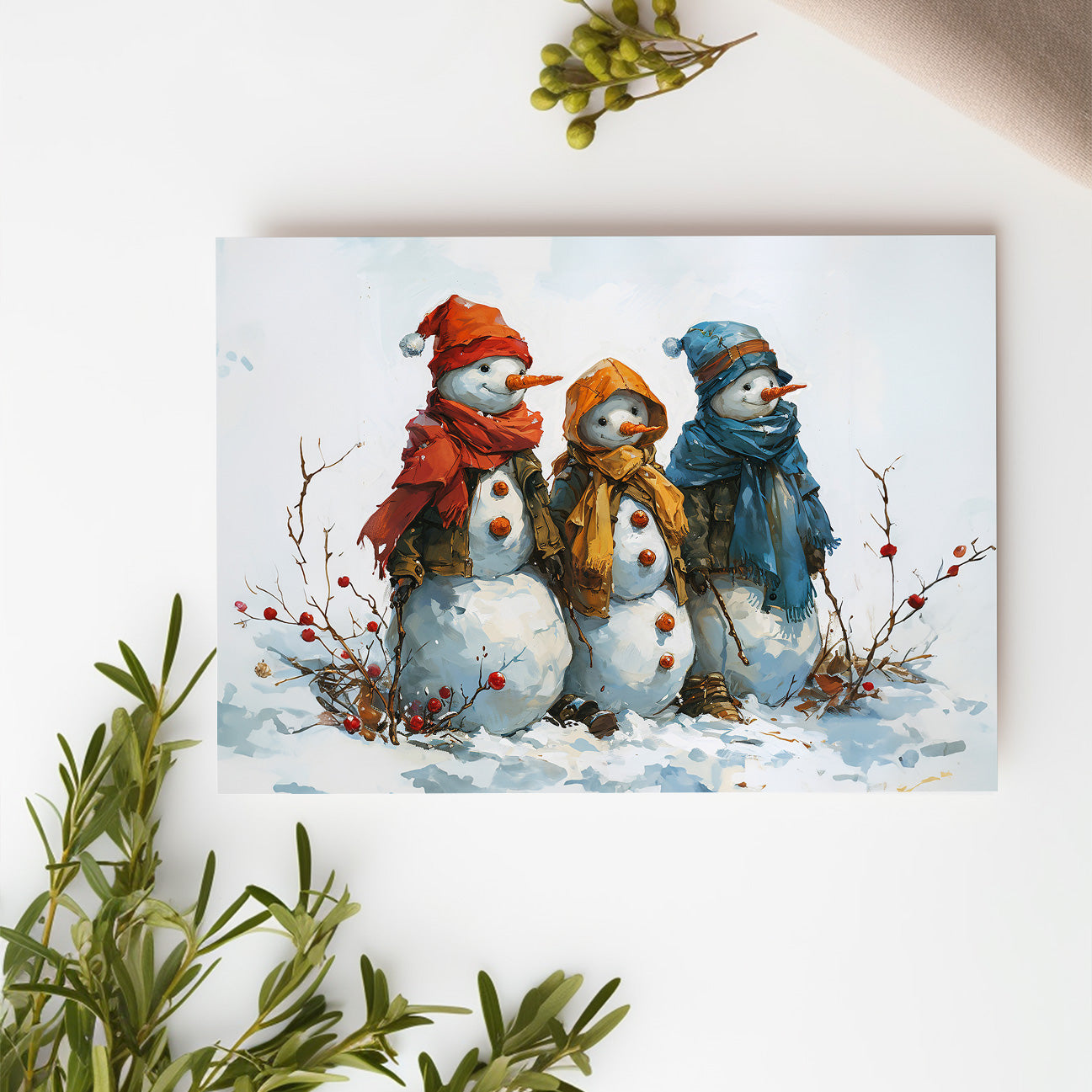 Three Snowmen Christmas Flat Card A7 (QTY 10)