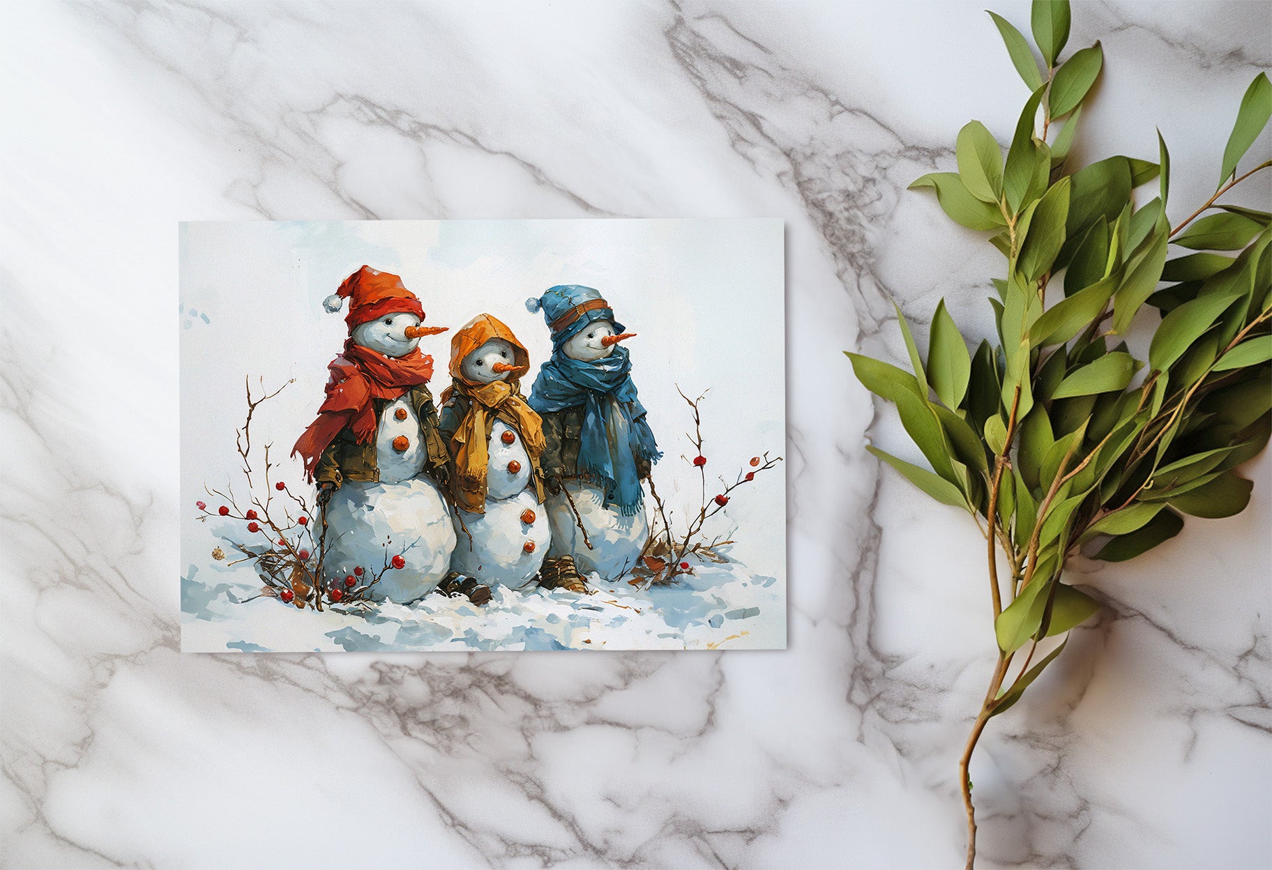 Three Snowmen Christmas Flat Card A7 (QTY 10)