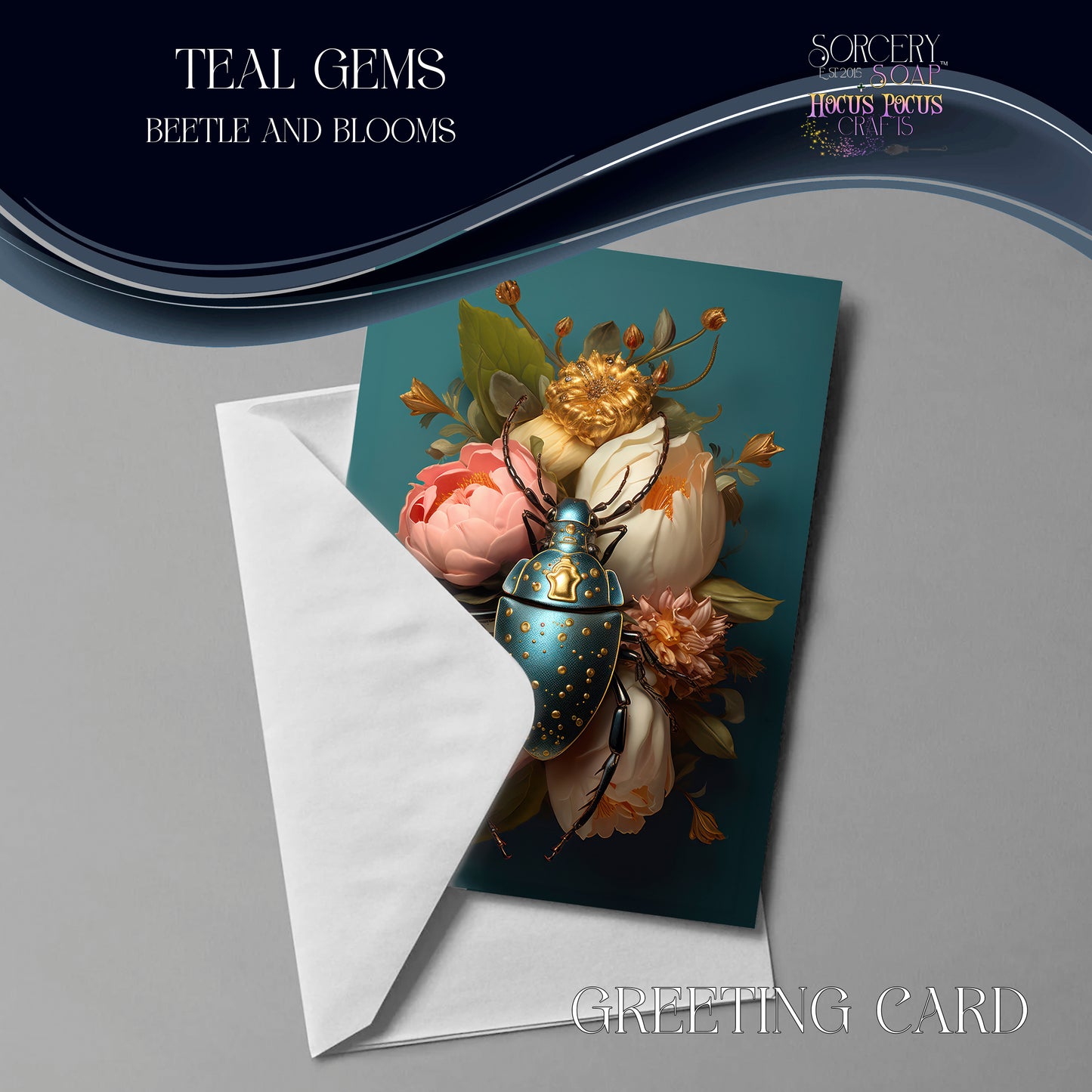 Teal Gems: Beetle and Blooms Greeting Card