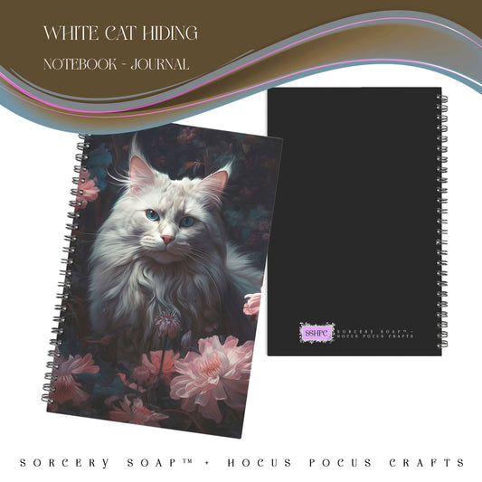 White Cat Hiding Notebook Hardcover Spiral 5.5 x 8.5