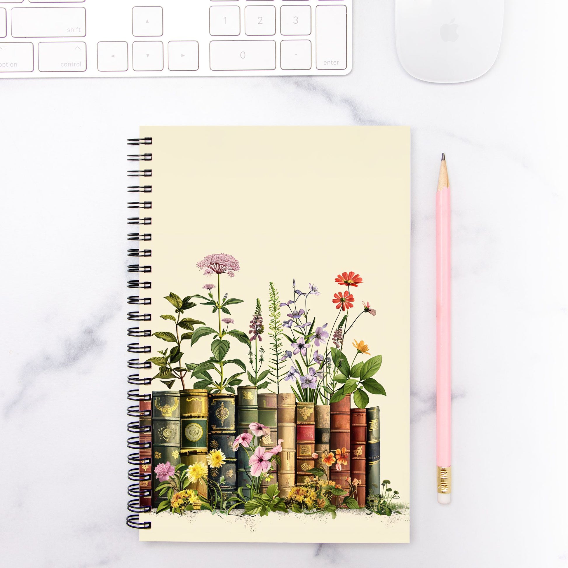 Books and Flowers Notebook Hardcover Spiral 5.5 x 8.5