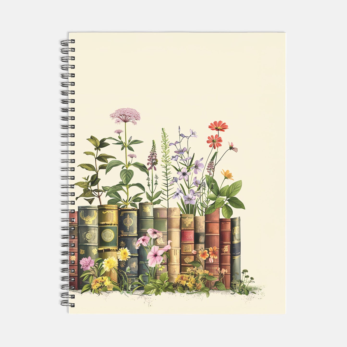 Books and Flowers Notebook Hardcover Spiral 8.5 x 11