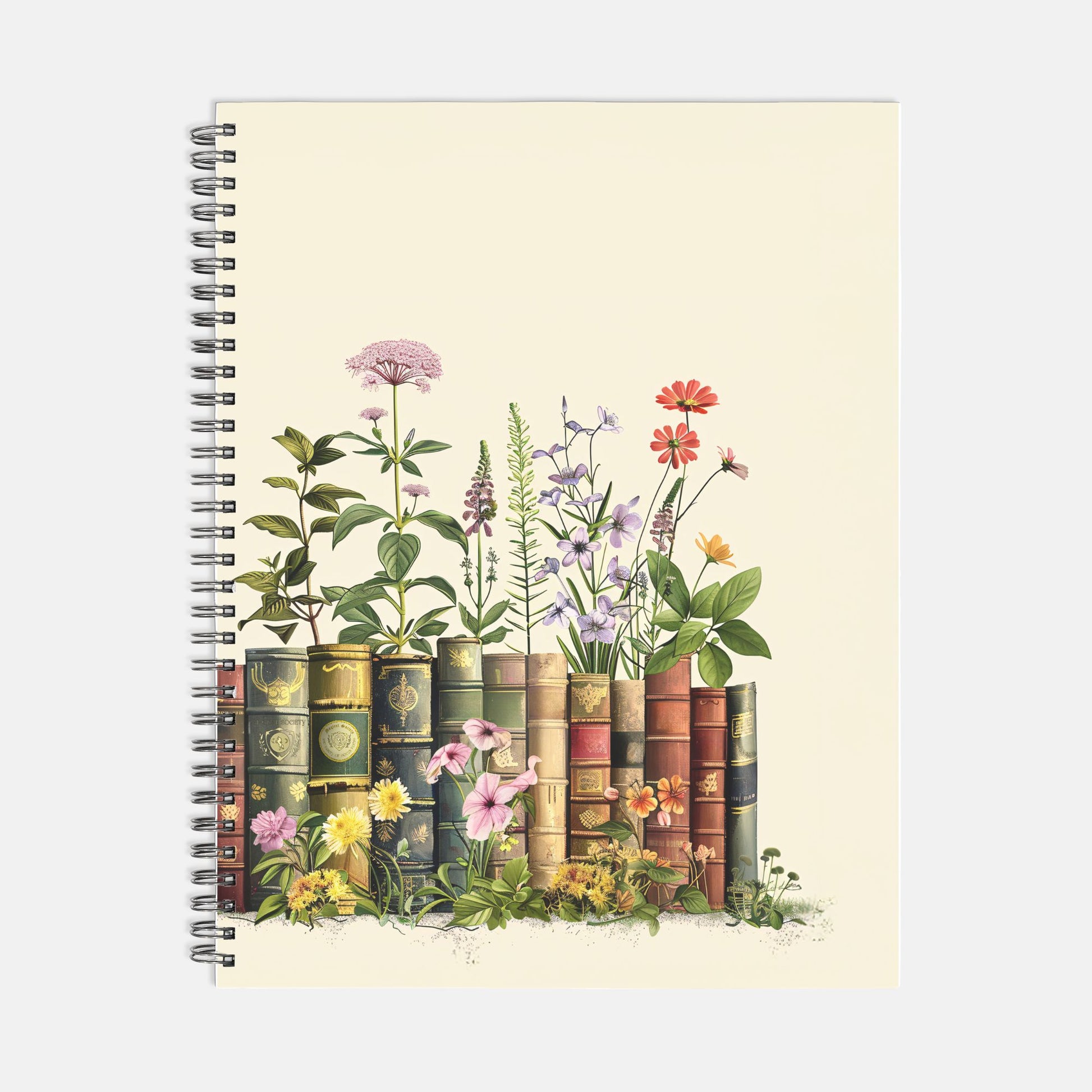 Books and Flowers Notebook Hardcover Spiral 8.5 x 11