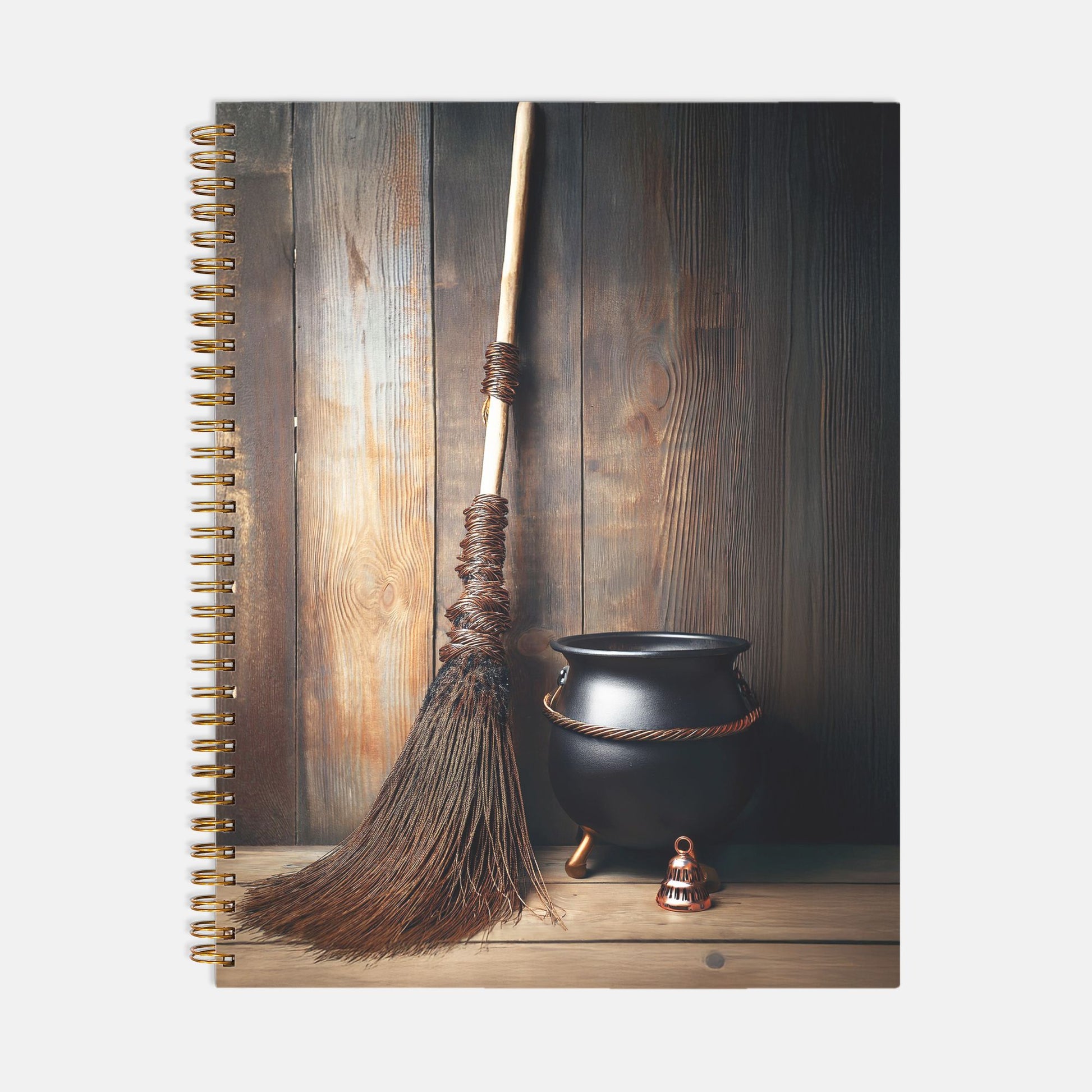 Bell, Broom, Cauldron Notebook Hardcover Spiral 8.5 x 11